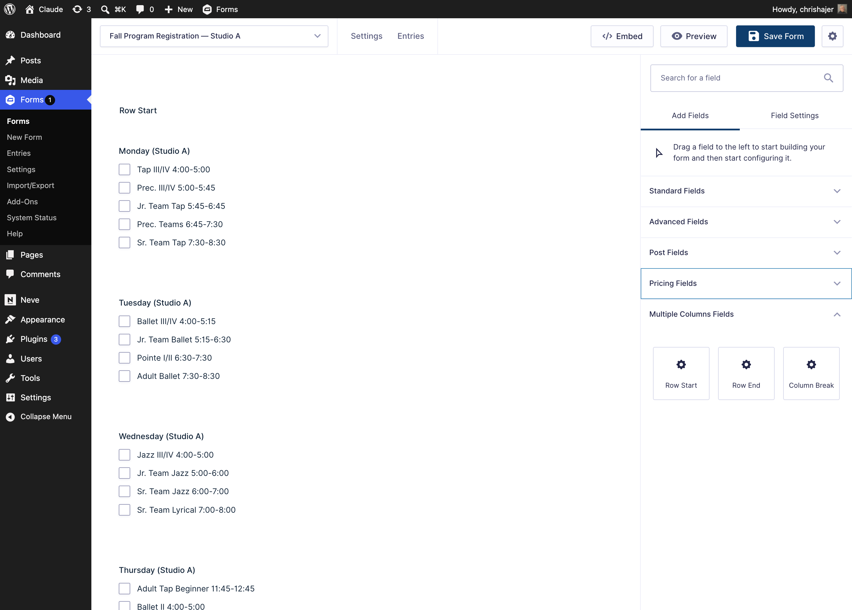 Gravity Forms editor showing Row Start, Row End, Column Break fields