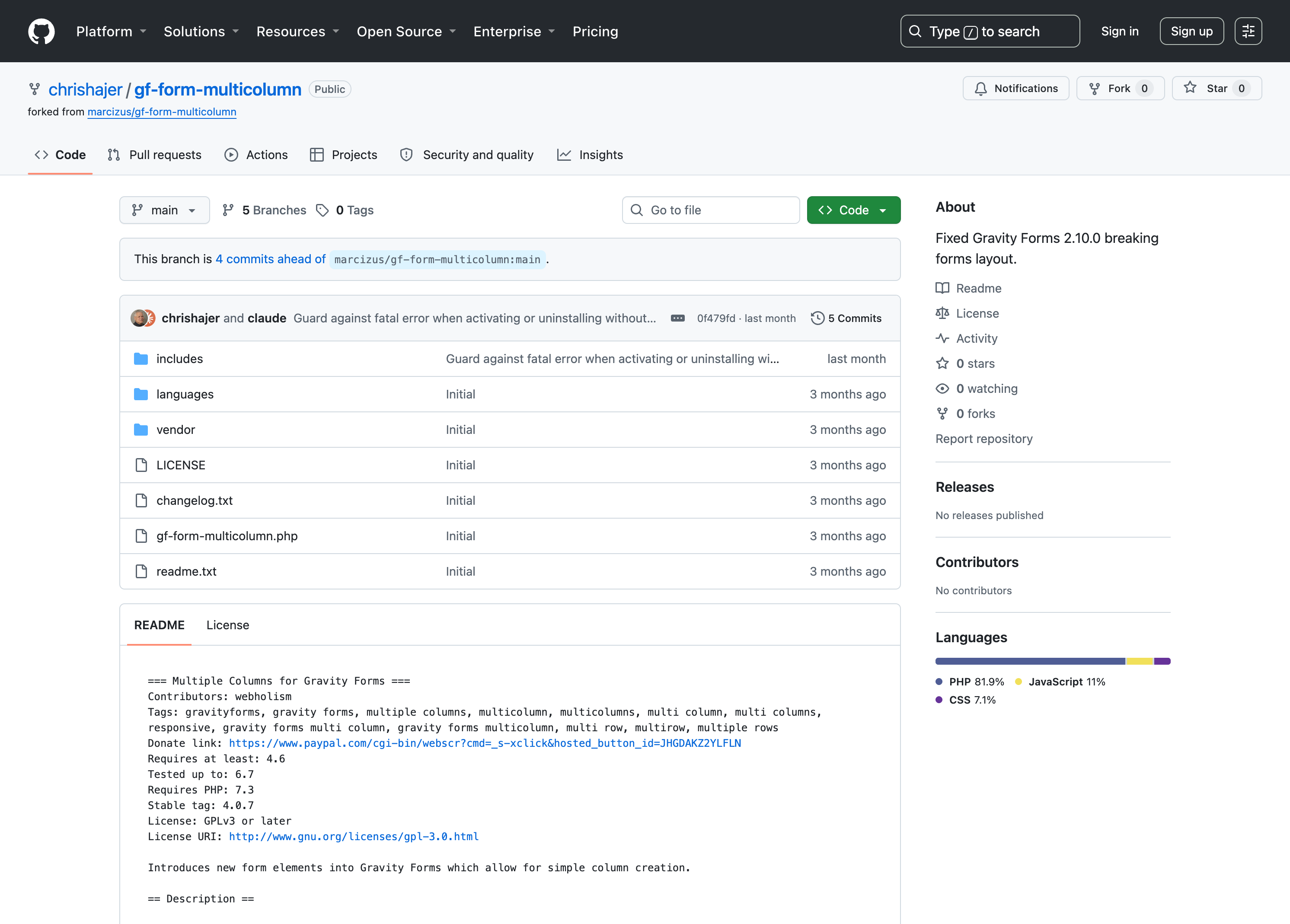 GitHub repo chrishajer/gf-form-multicolumn, forked from marcizus, 4 commits ahead, chrishajer and claude as commit authors